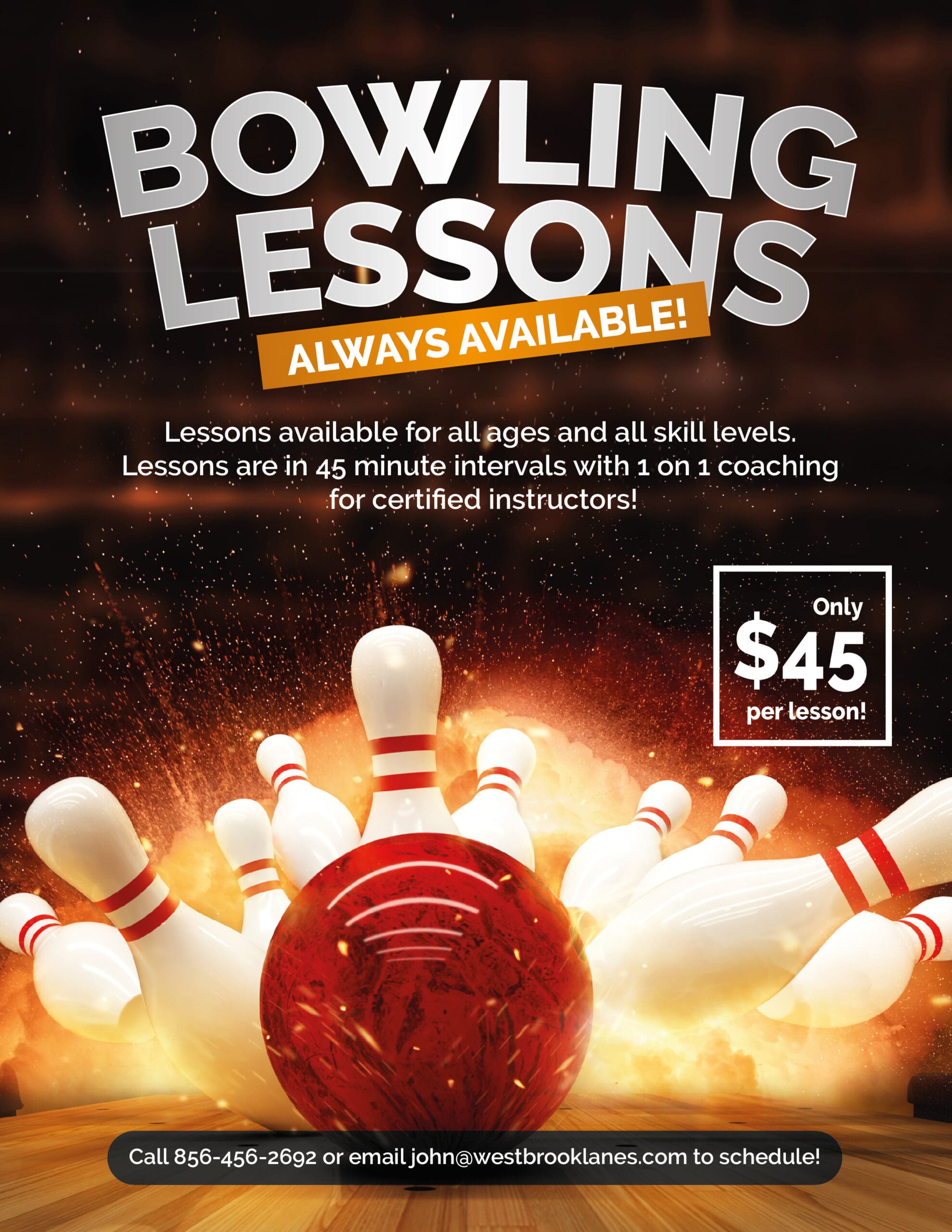 A USBC-certified instructor giving a private bowling lesson on the lanes at Westbrook Lanes in Brooklawn, NJ
