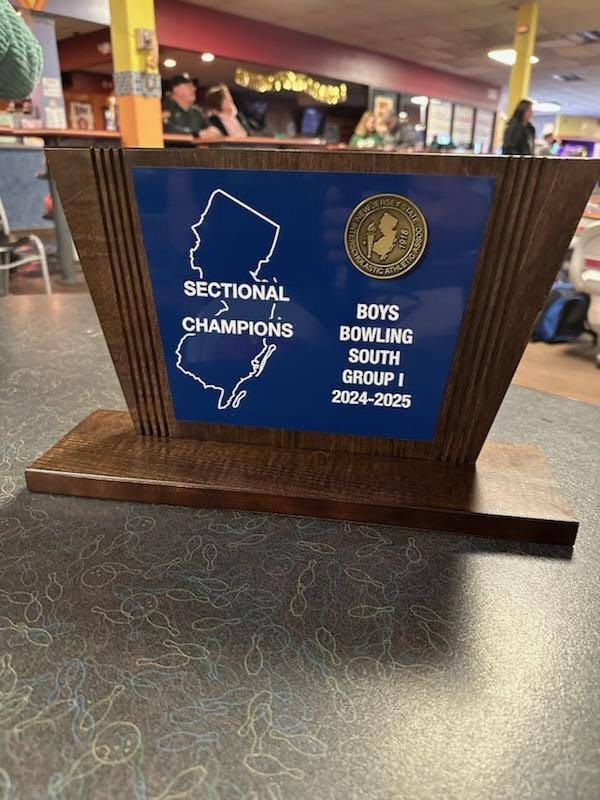 NJ Boys Bowling South Group I Sectional Champions 2024-2025 trophy at Westbrook Lanes