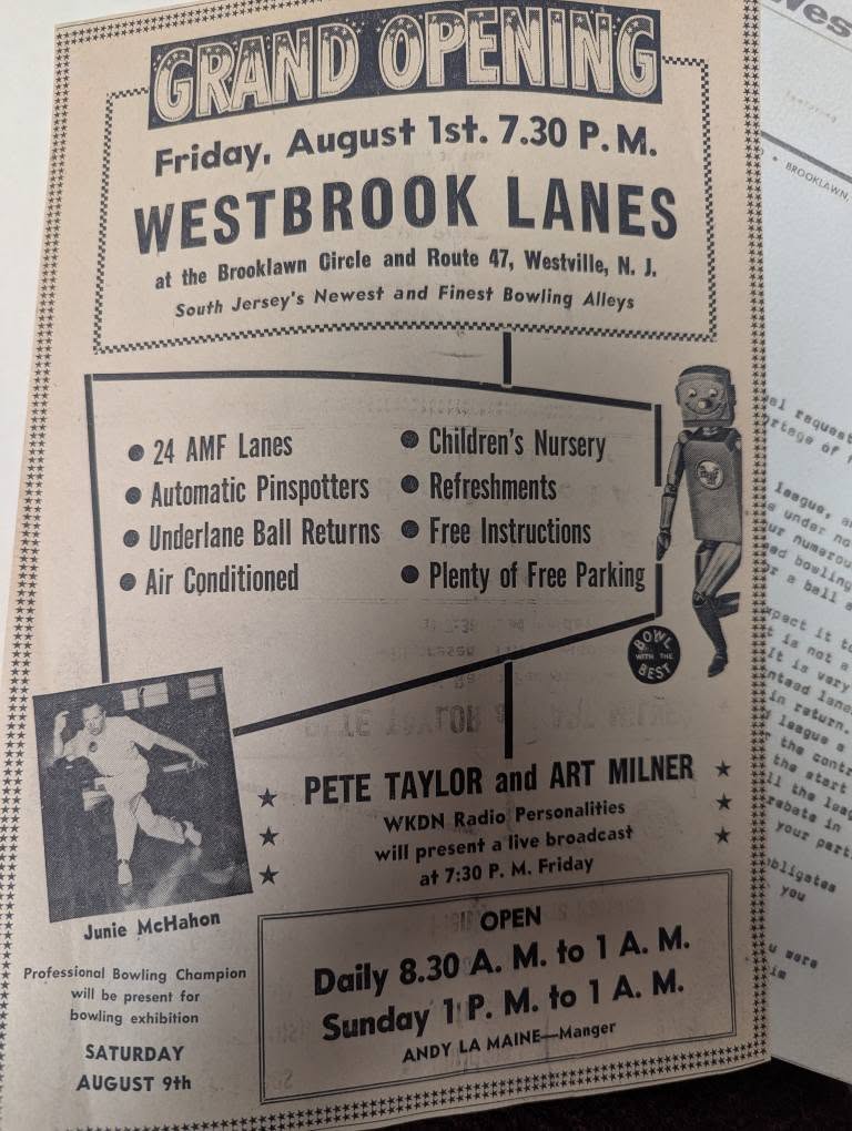 Westbrook Lanes original 1966 grand opening announcement — 24 AMF lanes at the Brooklawn Circle