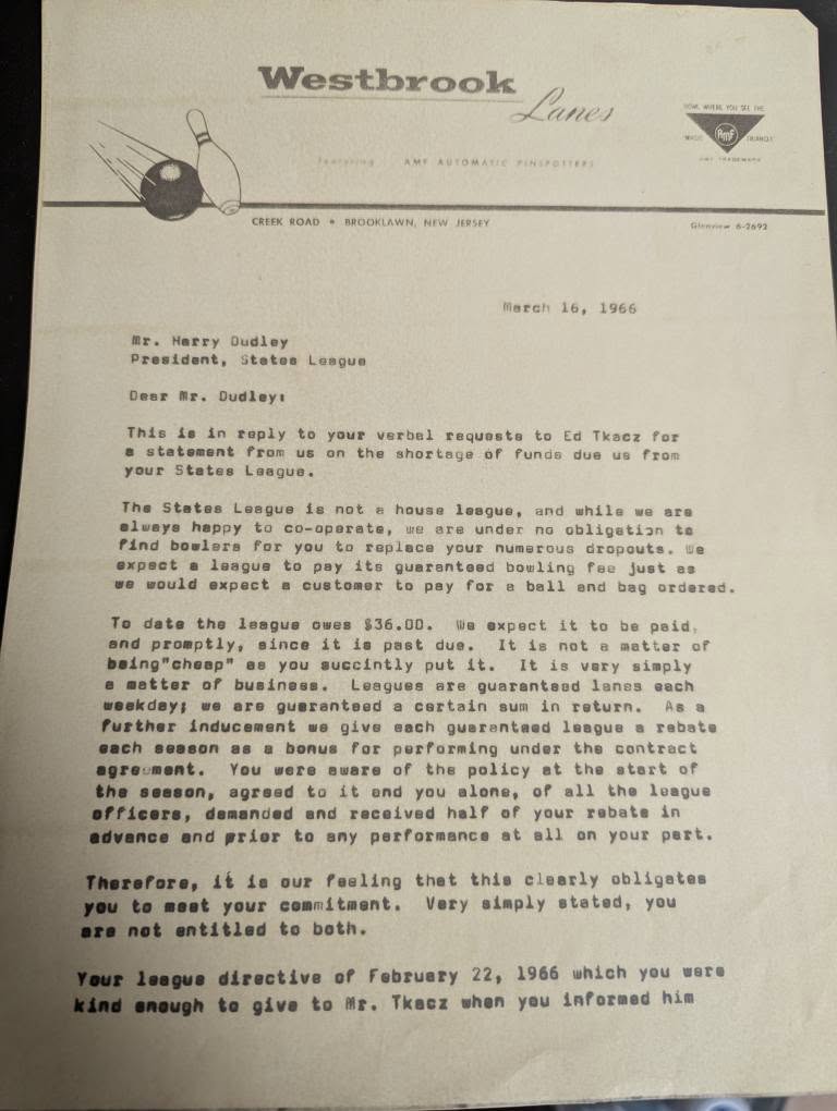 The original 1966 Westbrook Lanes company letterhead