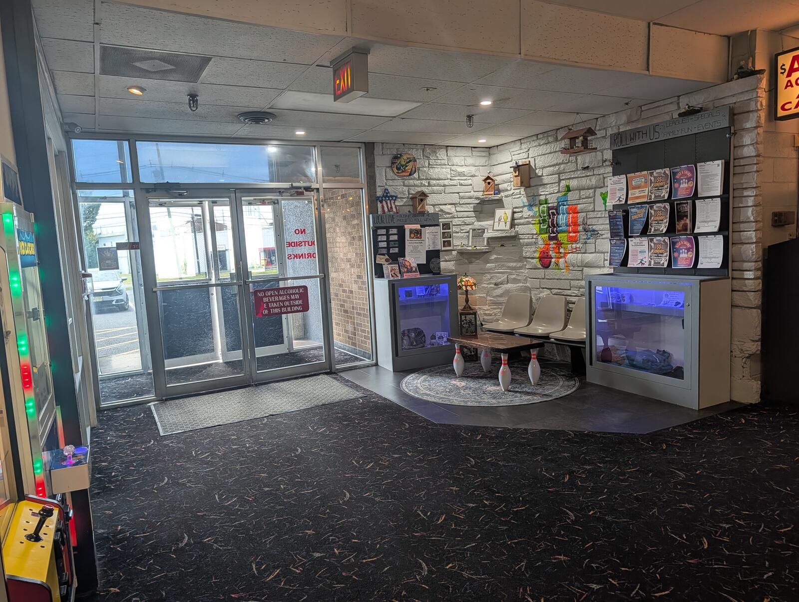The front entrance and lobby of Westbrook Lanes Family Bowling Center in Brooklawn, New Jersey