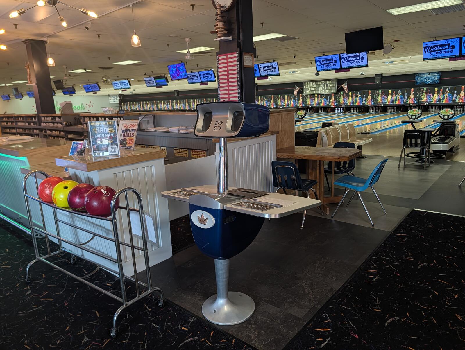 The lanes and ball rack at Westbrook Lanes, the closest bowling alley to Gloucester City, NJ