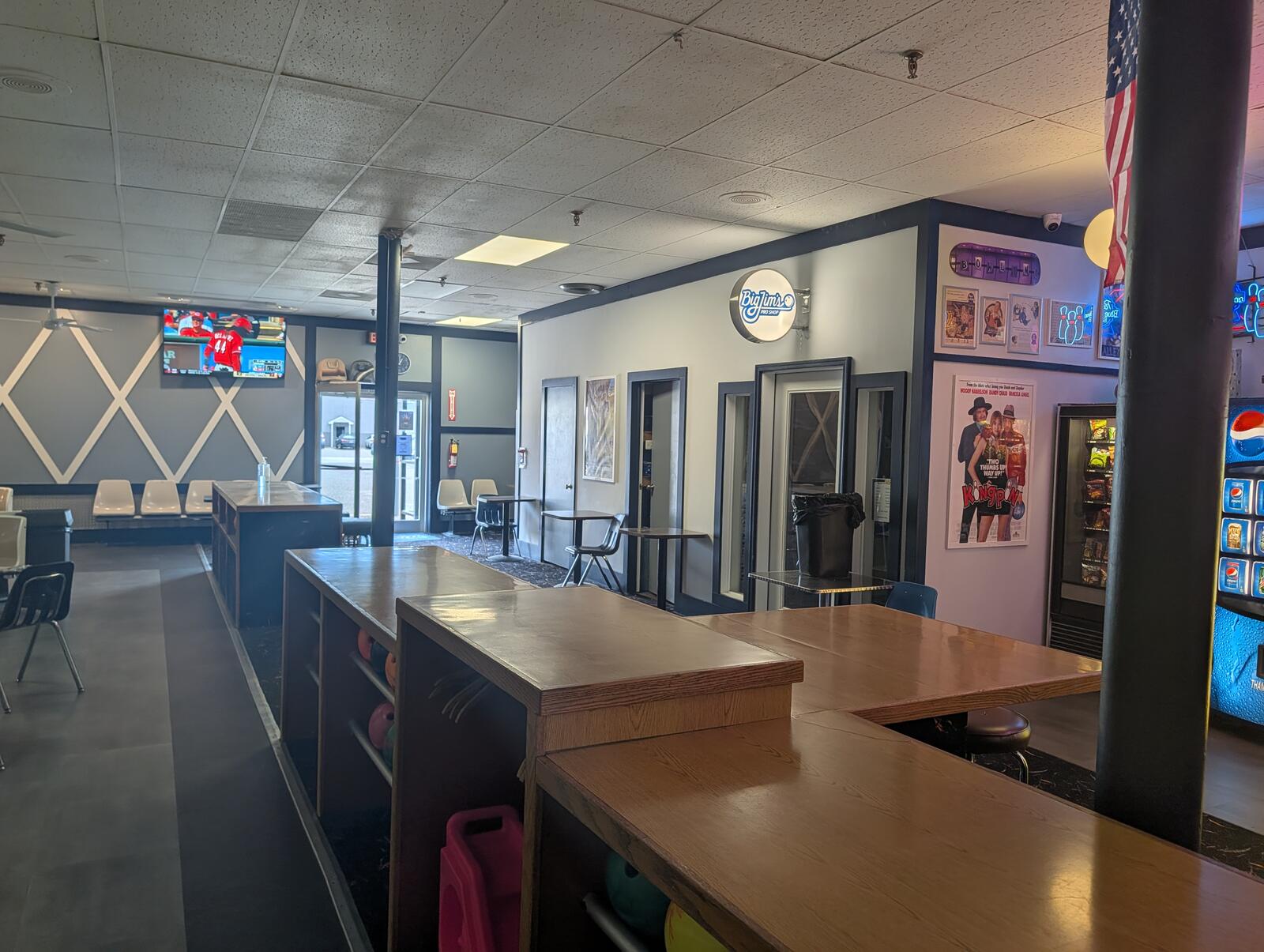The Big Jim's Pro Shop sign and seating area at Westbrook Lanes in Brooklawn, NJ